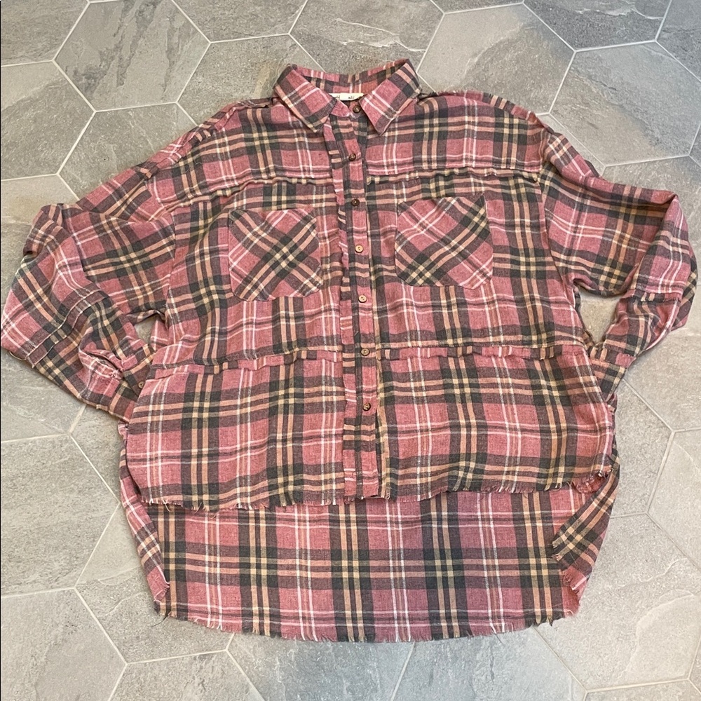 Oli & Hali Oversized Pink Plaid Shirt Medium Mineral Washed Button Down